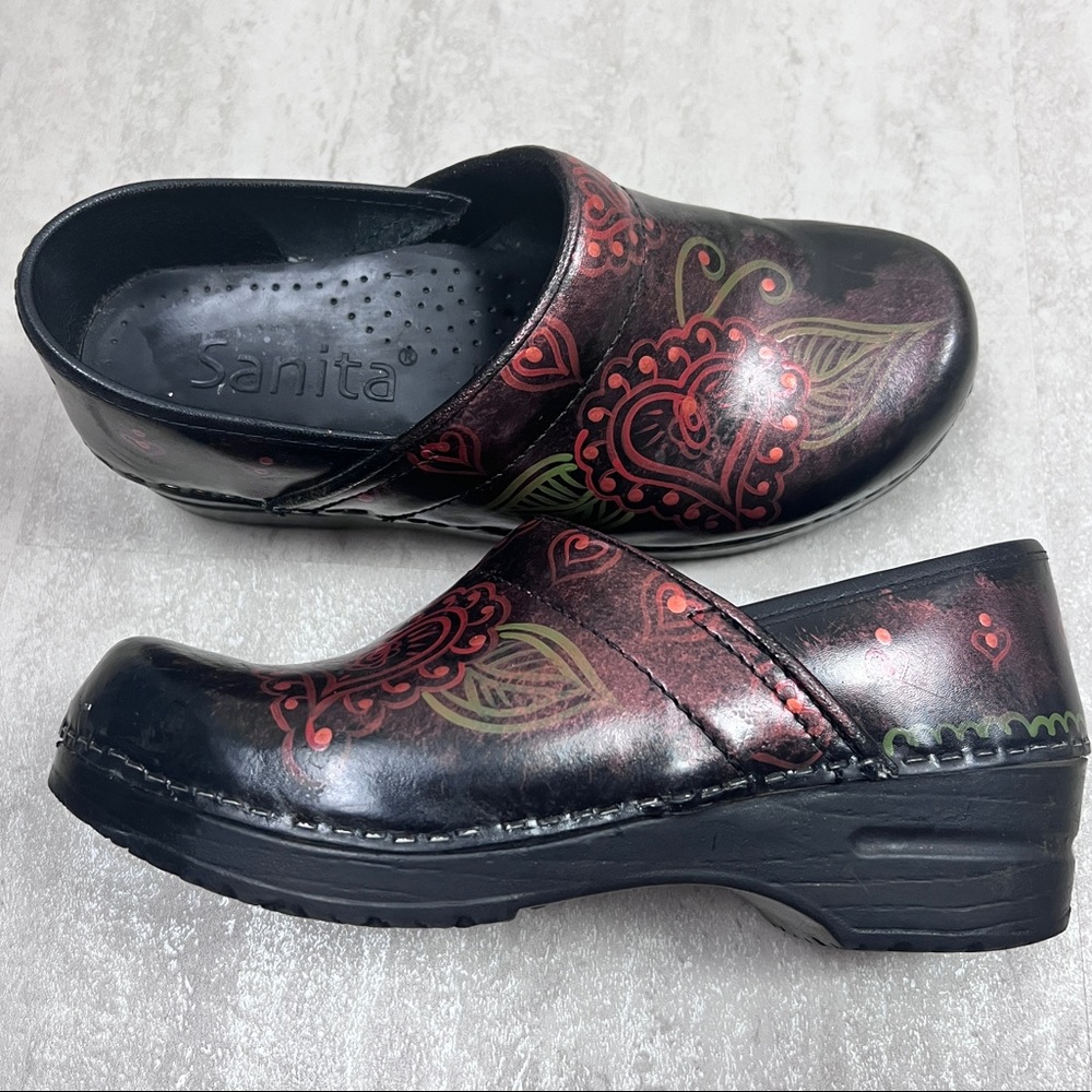 Sanita Black Red Floral Leather Clogs